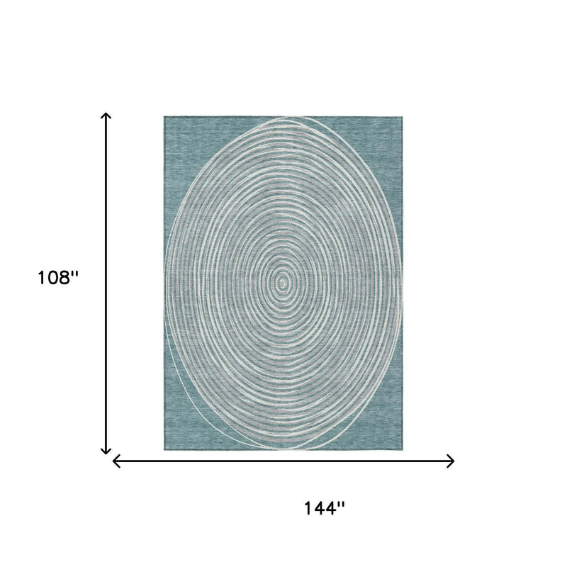 Oval geometric area rug in teal with ivory concentric circles, 108" x 144", modern interior decor accessory.