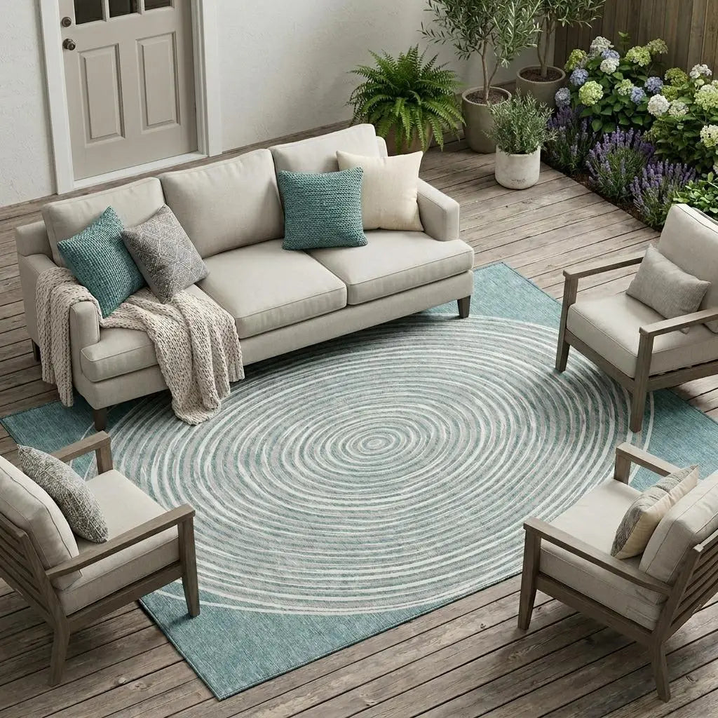 Light blue circular area rug on a wooden patio beneath a beige sofa and cream chairs, adding a cozy, modern touch.