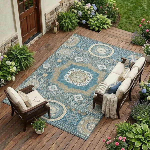9' X 12' Teal Blue And Ivory Oriental Washable Indoor Outdoor Area Rug Homeroots Outdoor