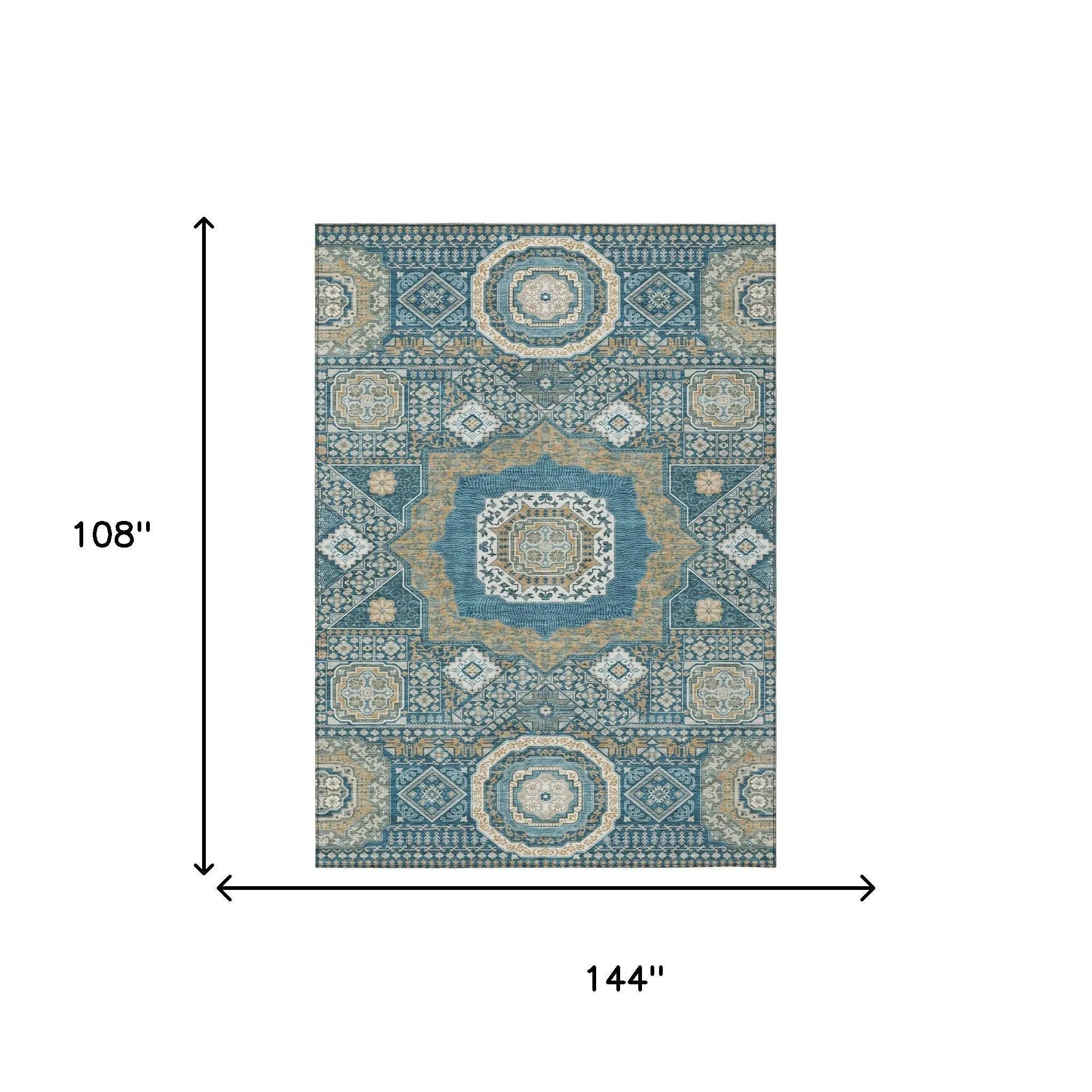 Blue and beige patterned area rug with vintage design, measuring 144" x 108". Perfect for stylish home decor.