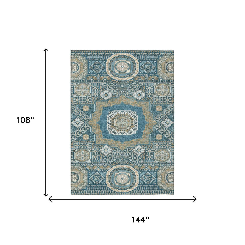 Blue and beige patterned area rug with vintage design, measuring 144" x 108". Perfect for stylish home decor.