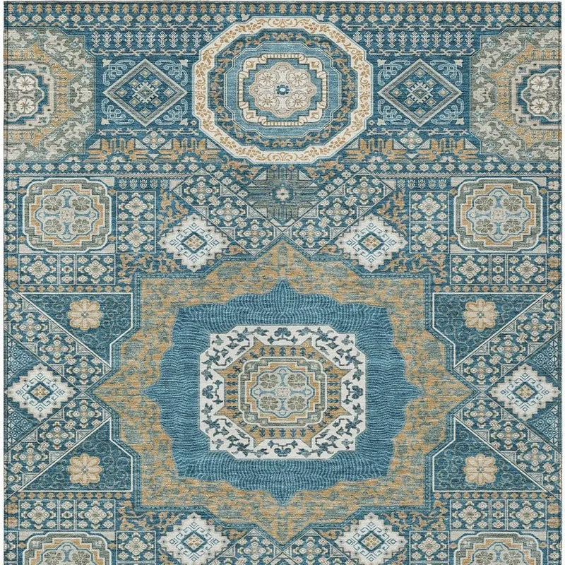 Blue and beige patterned area rug, featuring intricate geometric designs and a vintage style. Perfect for modern decor.