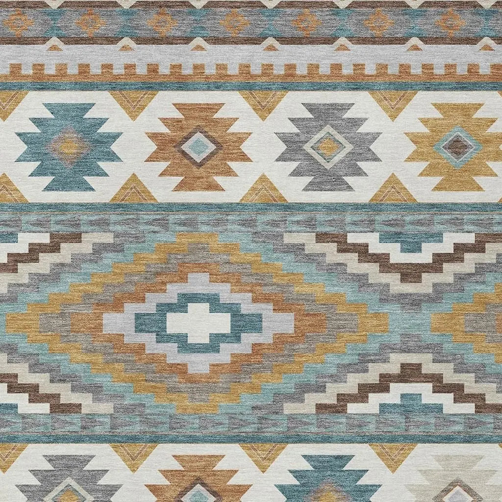 9' X 12' Teal Blue And Ivory Southwestern Washable Indoor Outdoor Area Rug Homeroots Outdoor