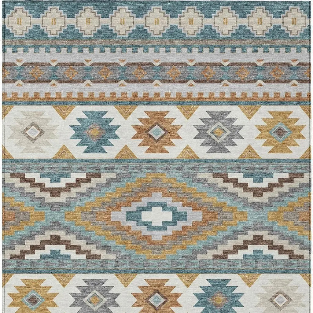 9' X 12' Teal Blue And Ivory Southwestern Washable Indoor Outdoor Area Rug Homeroots Outdoor