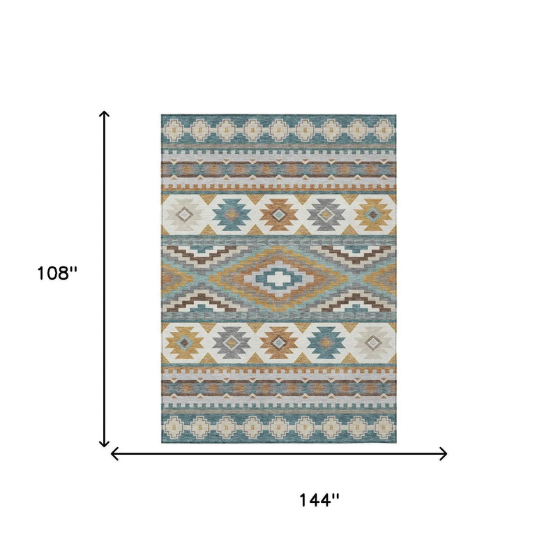 9' X 12' Teal Blue And Ivory Southwestern Washable Indoor Outdoor Area Rug Homeroots Outdoor