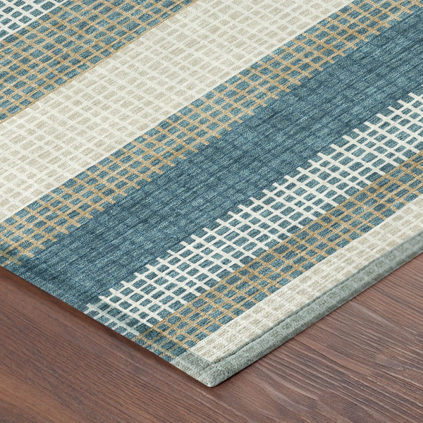 9' X 12' Teal Blue And Ivory Striped Washable Indoor Outdoor Area Rug Homeroots Outdoor