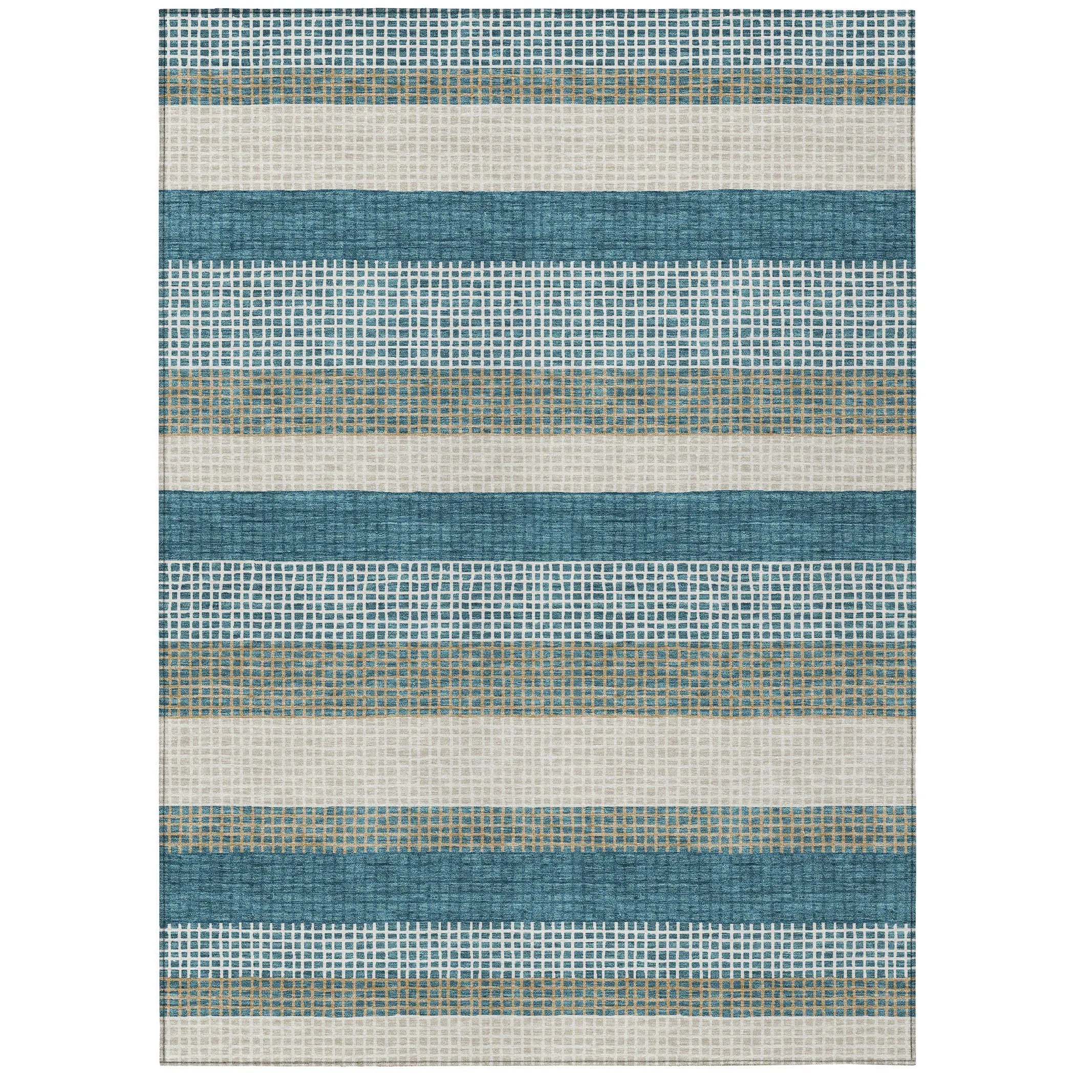 9' X 12' Teal Blue And Ivory Striped Washable Indoor Outdoor Area Rug Homeroots Outdoor