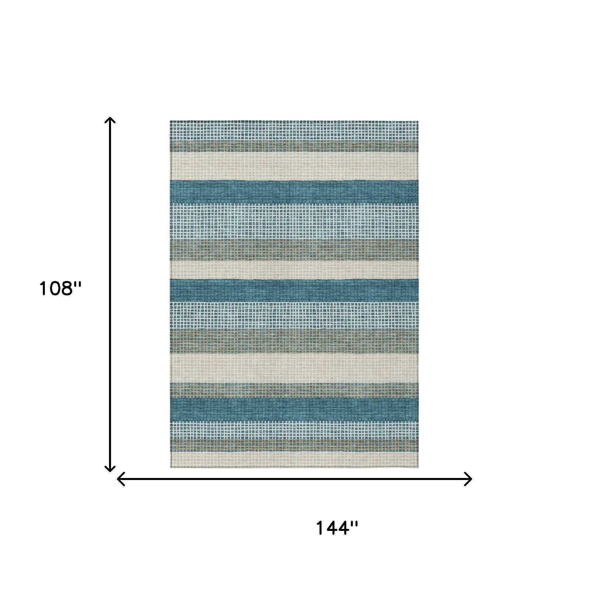 9' X 12' Teal Blue And Ivory Striped Washable Indoor Outdoor Area Rug Homeroots Outdoor