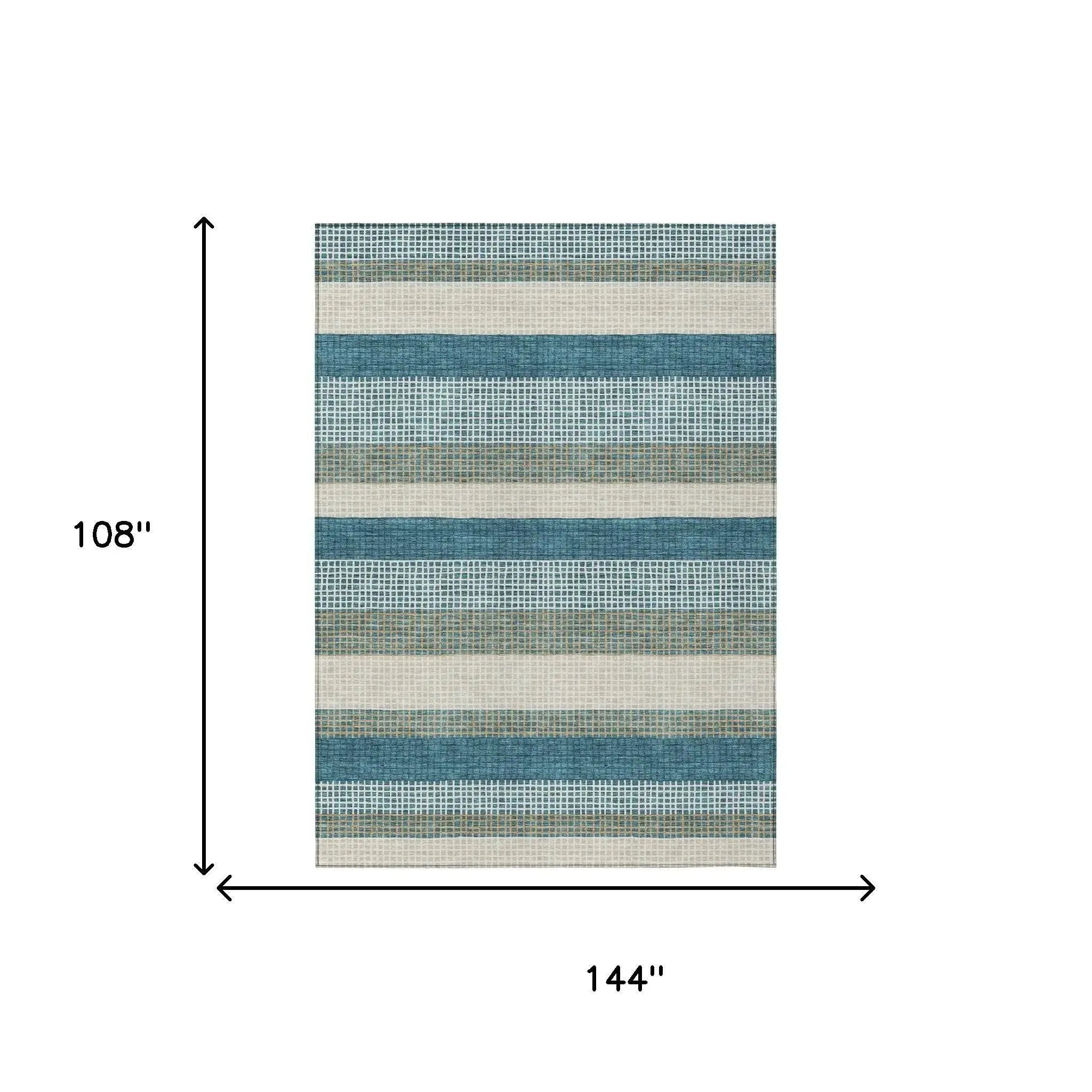 9' X 12' Teal Blue And Ivory Striped Washable Indoor Outdoor Area Rug Homeroots Outdoor