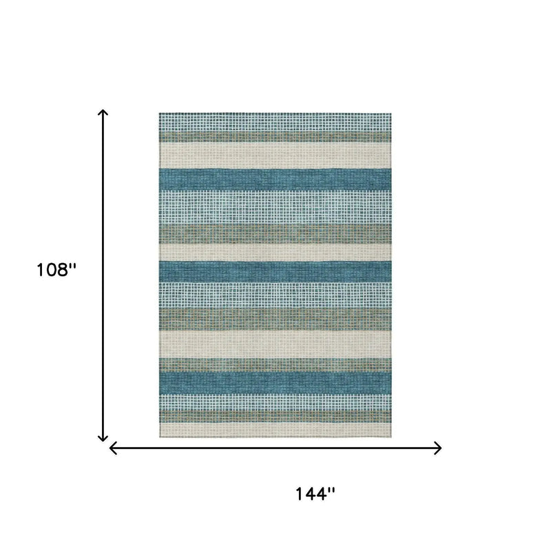9' X 12' Teal Blue And Ivory Striped Washable Indoor Outdoor Area Rug Homeroots Outdoor