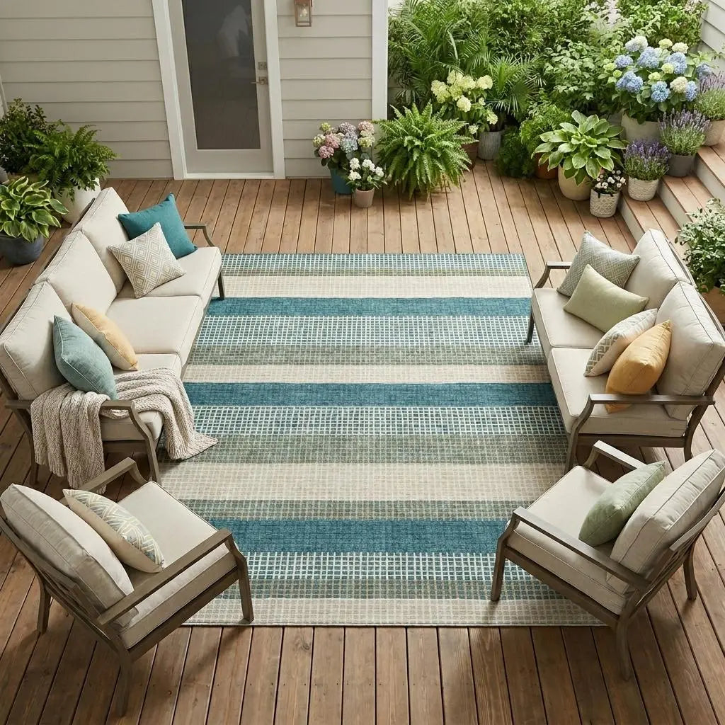 9' X 12' Teal Blue And Ivory Striped Washable Indoor Outdoor Area Rug Homeroots Outdoor