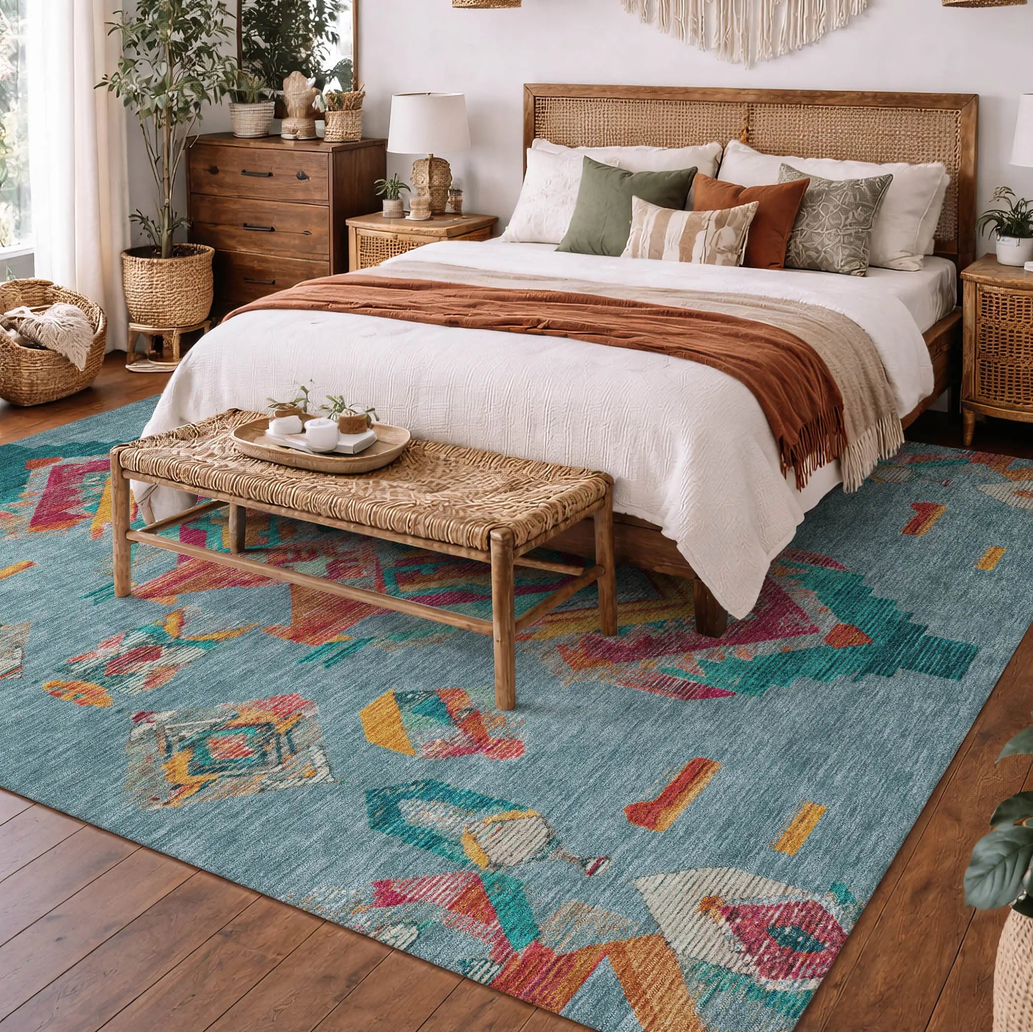 9' X 12' Teal Blue And Ivory Tribal Washable Indoor Outdoor Area Rug Homeroots Outdoor