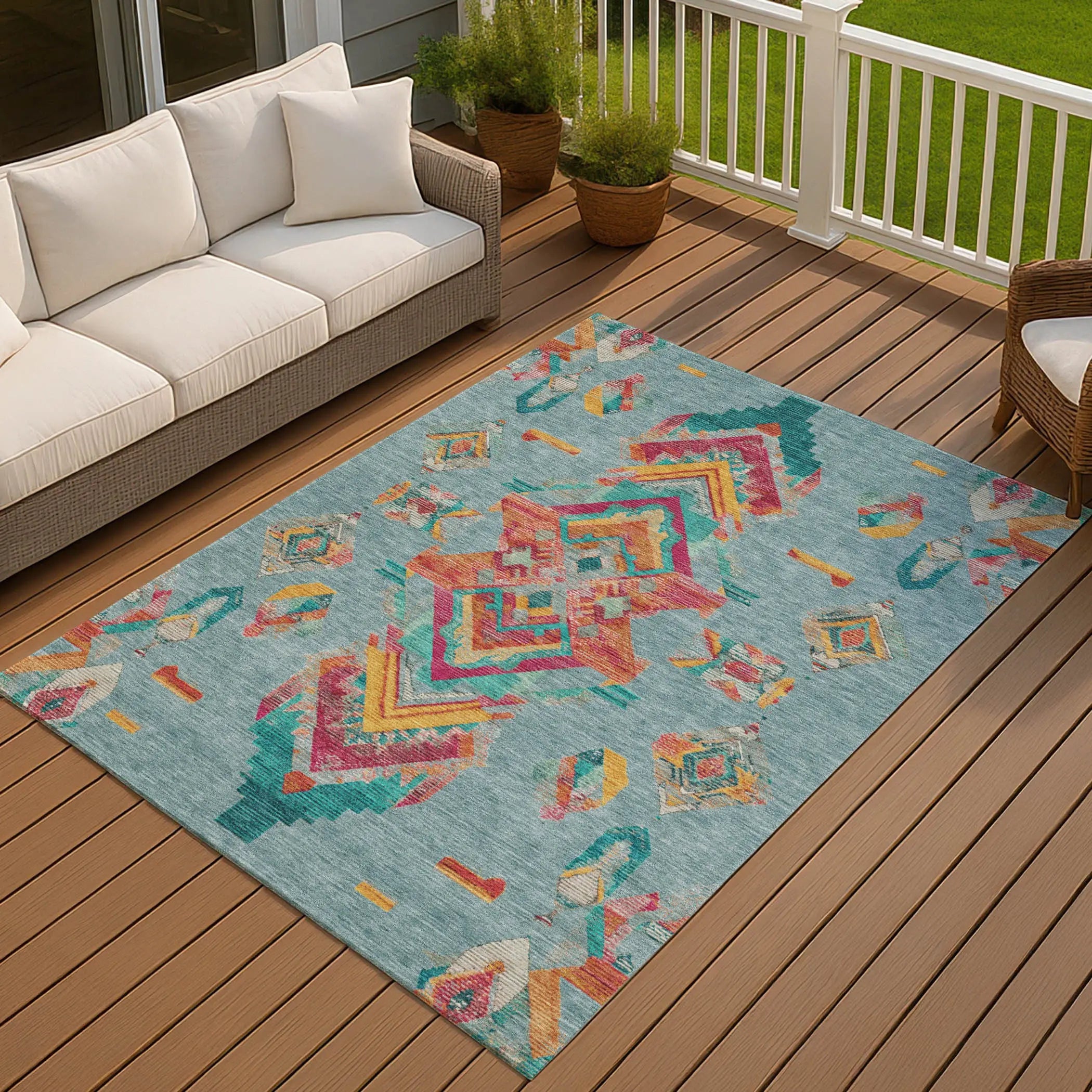 9' X 12' Teal Blue And Ivory Tribal Washable Indoor Outdoor Area Rug Homeroots Outdoor