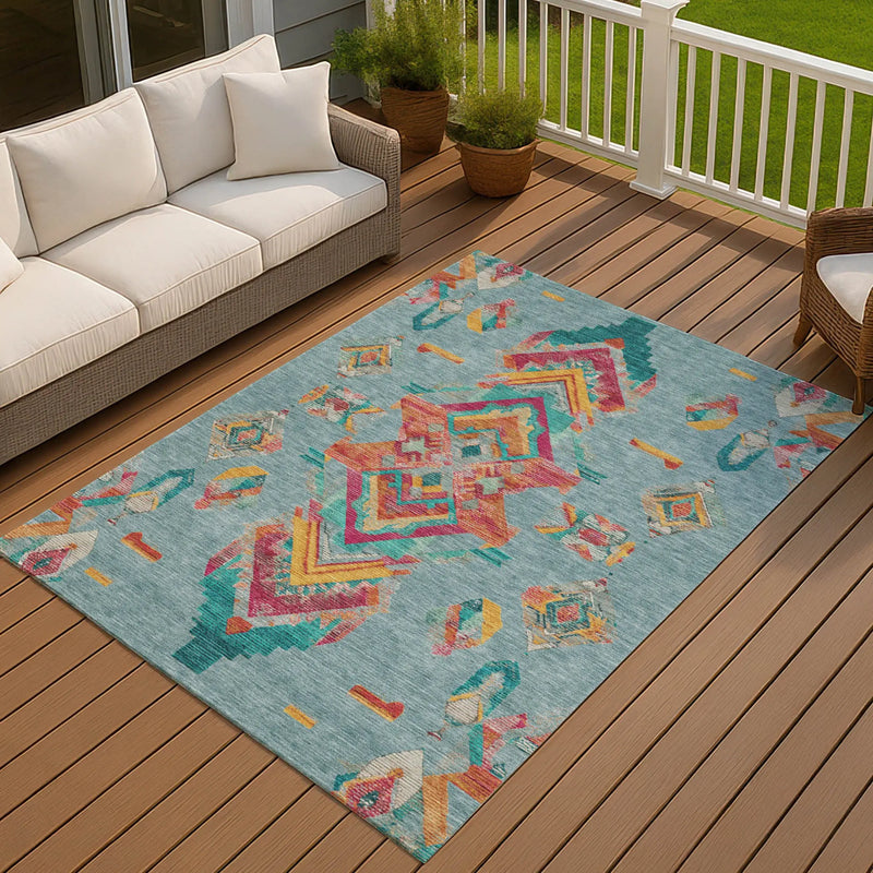 9' X 12' Teal Blue And Ivory Tribal Washable Indoor Outdoor Area Rug Homeroots Outdoor
