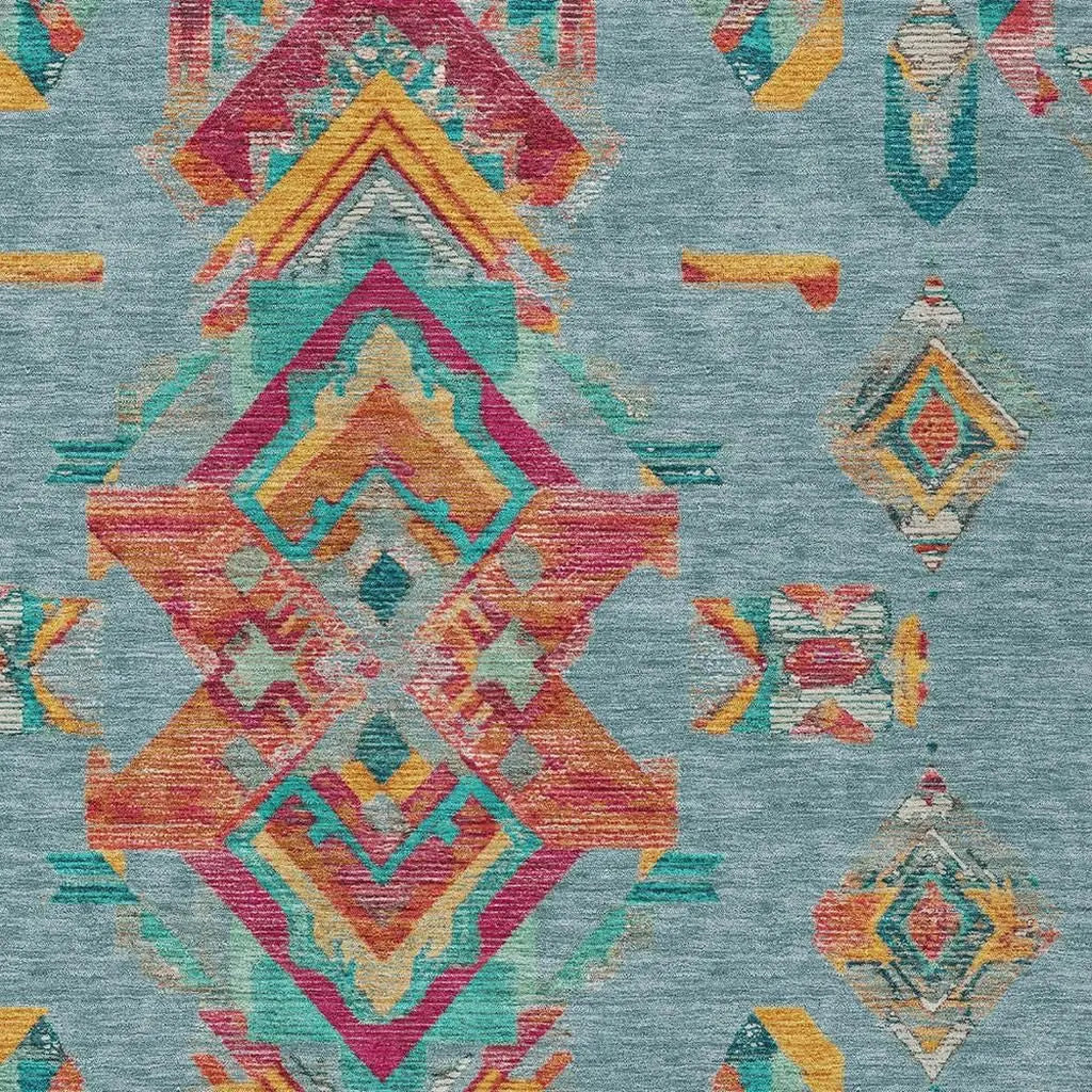 9' X 12' Teal Blue And Ivory Tribal Washable Indoor Outdoor Area Rug Homeroots Outdoor