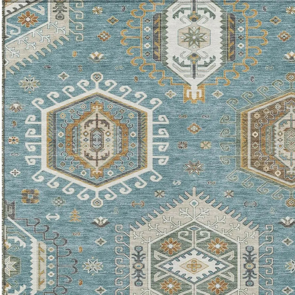 9' X 12' Teal Blue And Ivory Tribal Washable Indoor Outdoor Area Rug Homeroots Outdoor