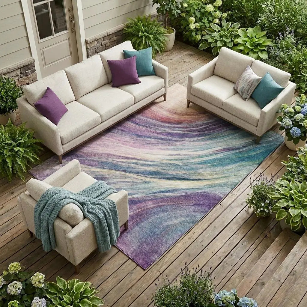 9' X 12' Teal Blue And Lavender Abstract Washable Indoor Outdoor Area Rug Homeroots Outdoor