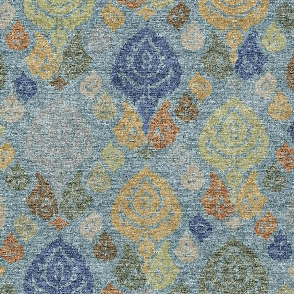 9' X 12' Teal Blue And Navy Blue Damask Washable Indoor Outdoor Area Rug Homeroots Outdoor