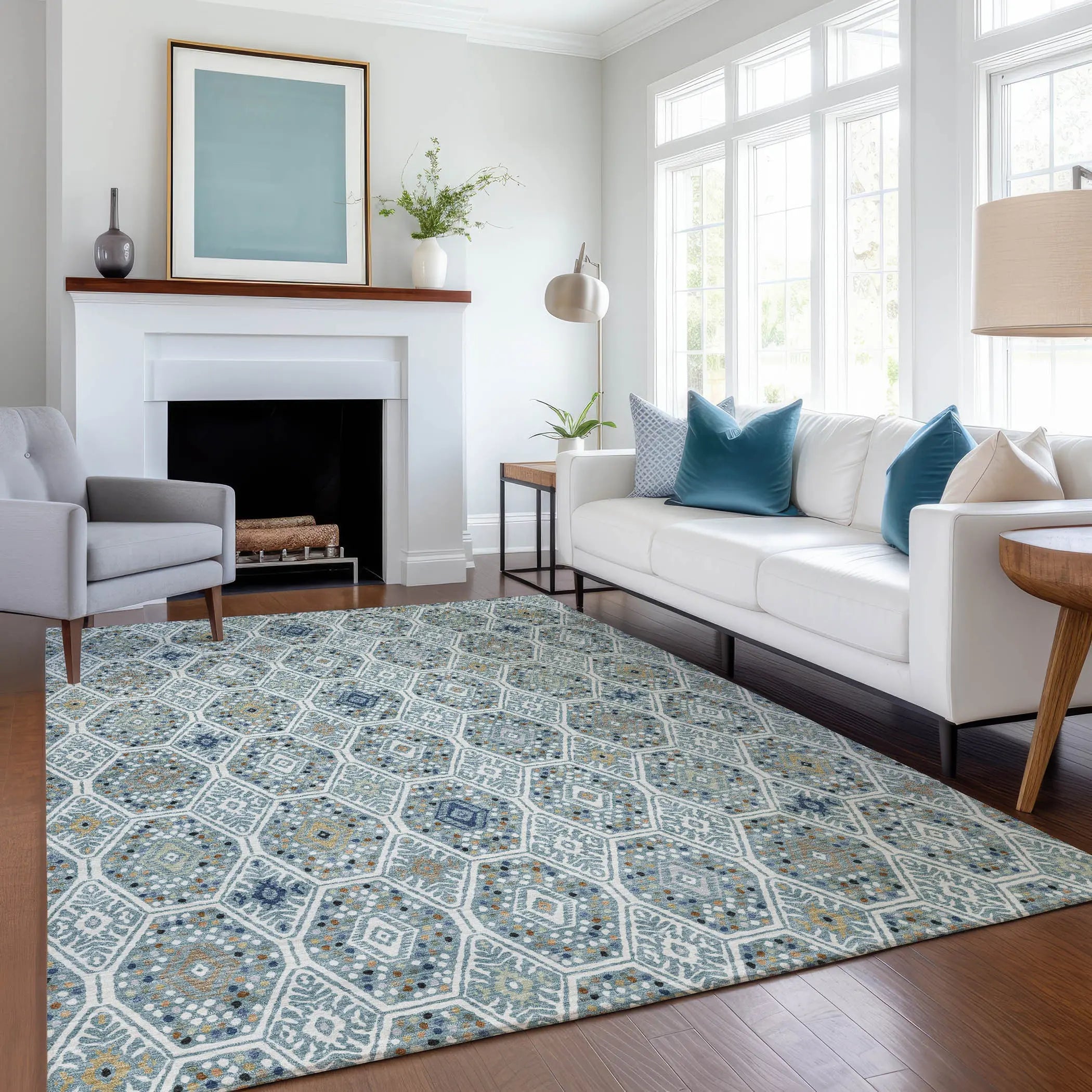 9' X 12' Teal Blue And Navy Blue Geometric Washable Indoor Outdoor Area Rug Homeroots Outdoor