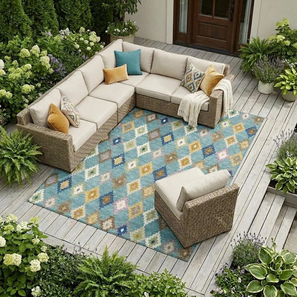9' X 12' Teal Blue And Orange Aztec Washable Indoor Outdoor Area Rug Homeroots Outdoor