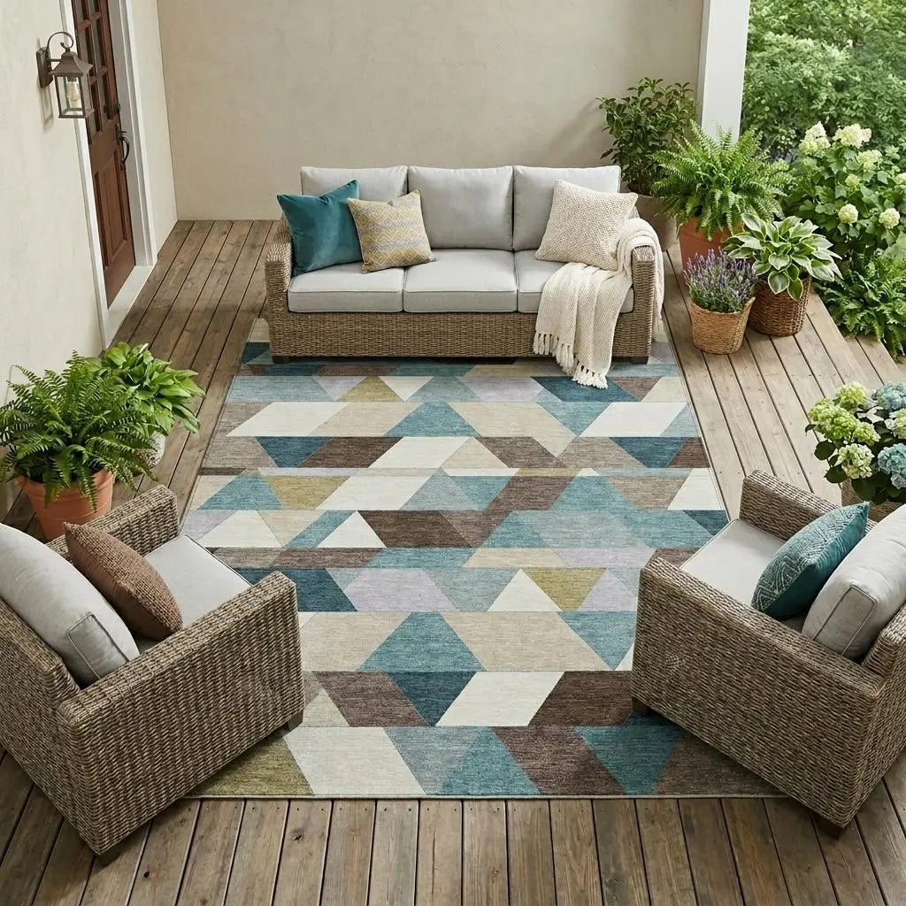9' X 12' Teal Blue And Pale Aqua Geometric Washable Indoor Outdoor Area Rug Homeroots Outdoor