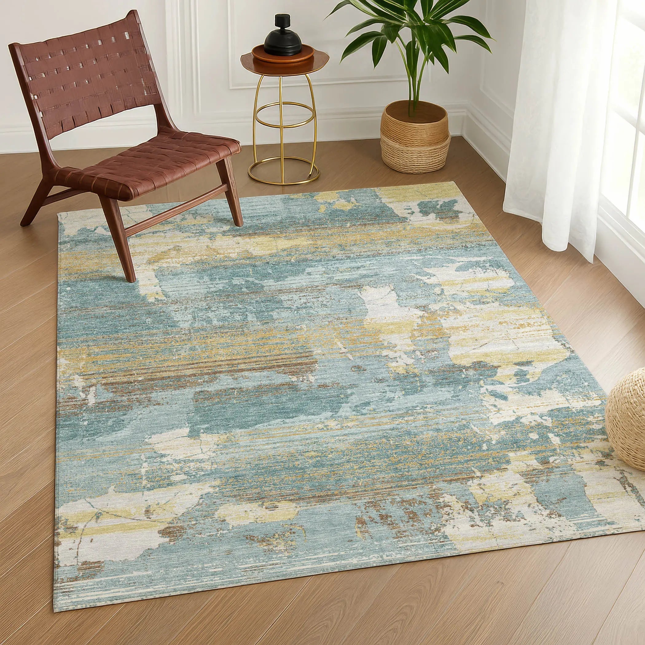 9' X 12' Teal Blue And Pewter Abstract Washable Indoor Outdoor Area Rug Homeroots Outdoor