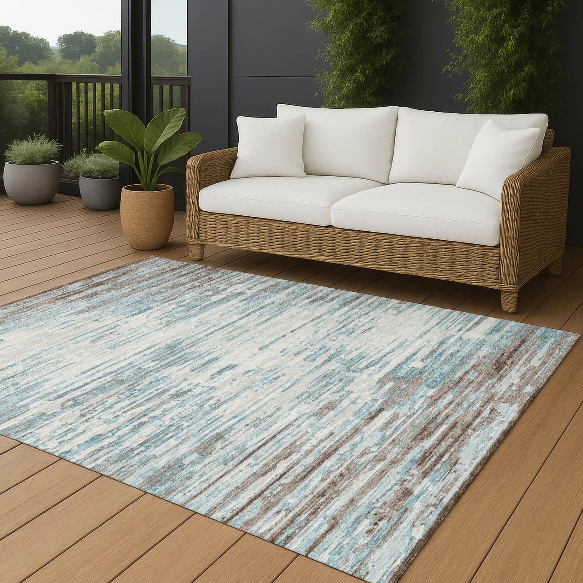 9' X 12' Teal Blue And Pewter Abstract Washable Indoor Outdoor Area Rug Homeroots Outdoor