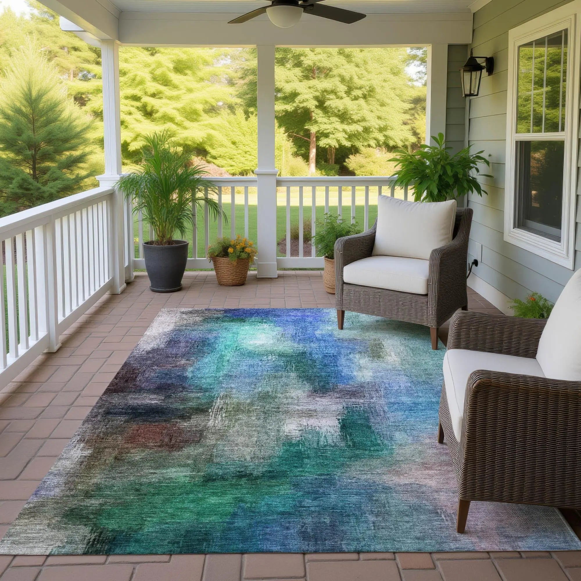 9' X 12' Teal Blue And Pewter Abstract Washable Indoor Outdoor Area Rug Homeroots Outdoor