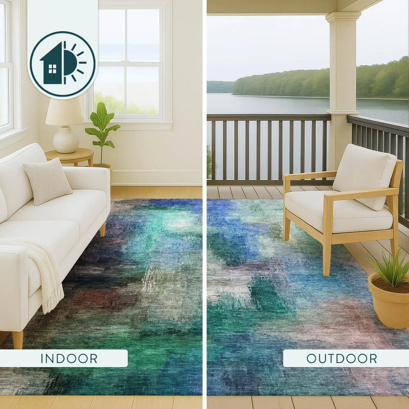 9' X 12' Teal Blue And Pewter Abstract Washable Indoor Outdoor Area Rug Homeroots Outdoor