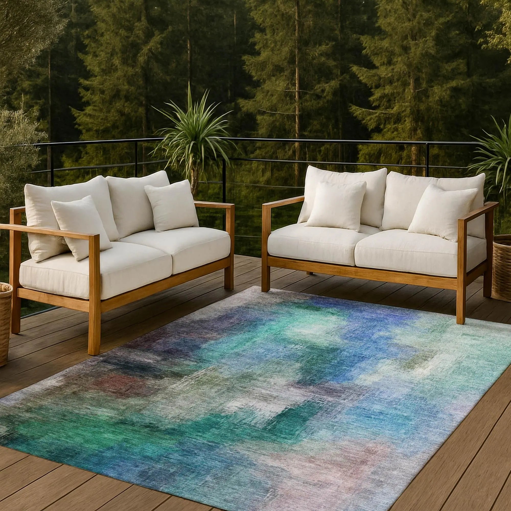 9' X 12' Teal Blue And Pewter Abstract Washable Indoor Outdoor Area Rug Homeroots Outdoor