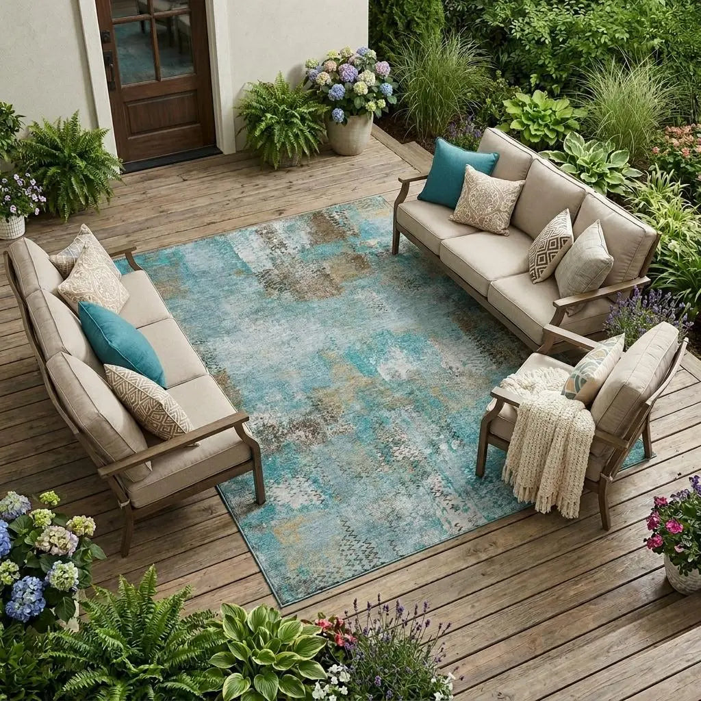 9' X 12' Teal Blue And Pewter Abstract Washable Indoor Outdoor Area Rug Homeroots Outdoor