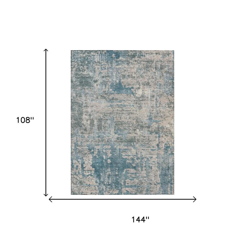 9' X 12' Teal Blue And Pewter Abstract Washable Indoor Outdoor Area Rug Homeroots Outdoor