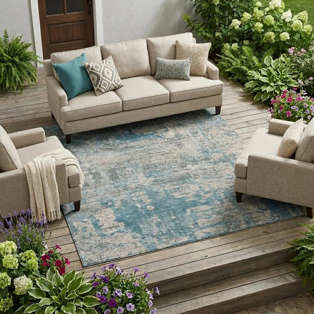 9' X 12' Teal Blue And Pewter Abstract Washable Indoor Outdoor Area Rug Homeroots Outdoor