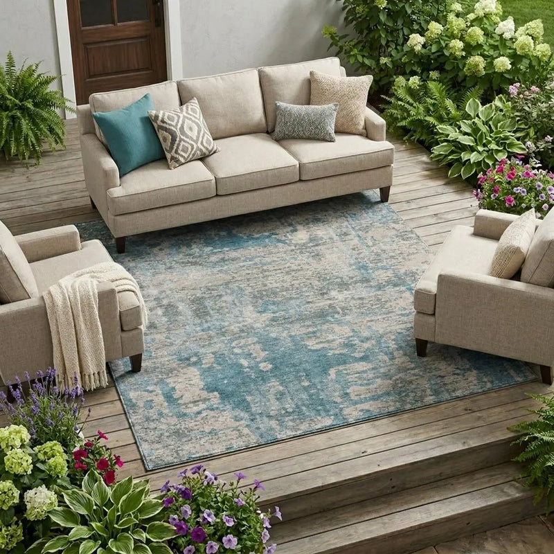 9' X 12' Teal Blue And Pewter Abstract Washable Indoor Outdoor Area Rug Homeroots Outdoor