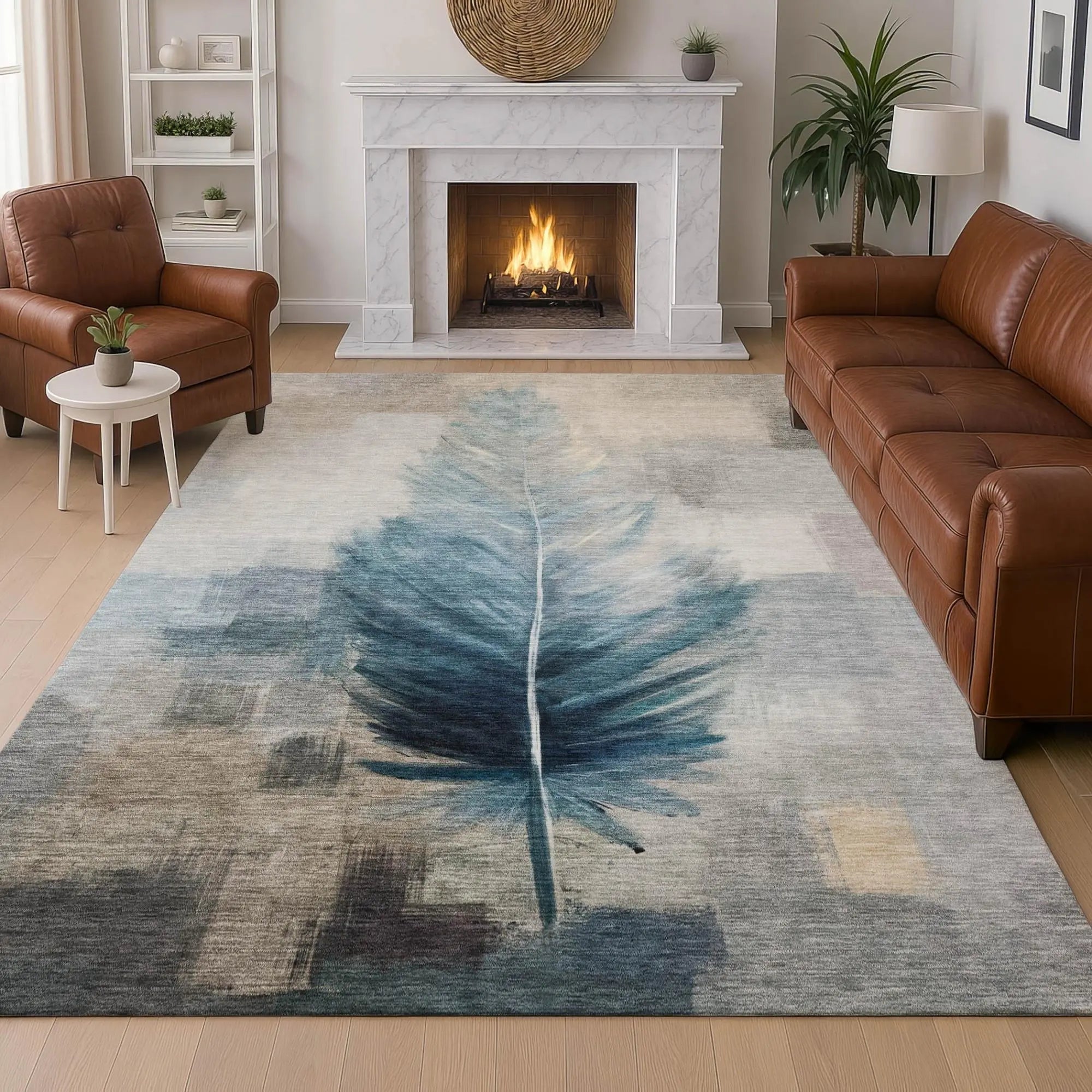 9' X 12' Teal Blue And Pewter Botanical Leaves Washable Indoor Outdoor Area Rug Homeroots Outdoor