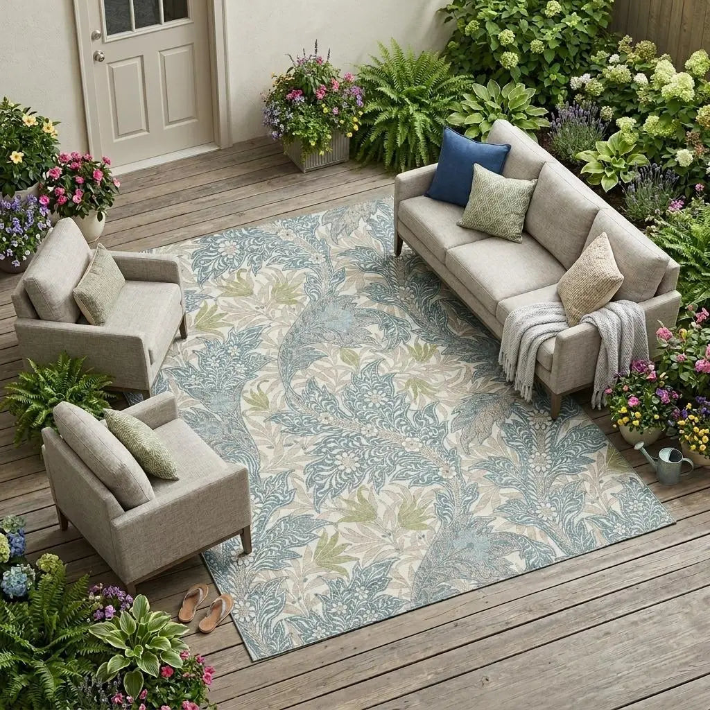 9' X 12' Teal Blue And Pewter Botanical Leaves Washable Indoor Outdoor Area Rug Homeroots Outdoor