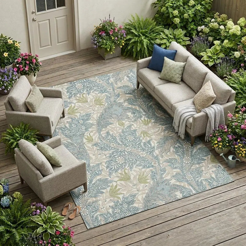 9' X 12' Teal Blue And Pewter Botanical Leaves Washable Indoor Outdoor Area Rug Homeroots Outdoor