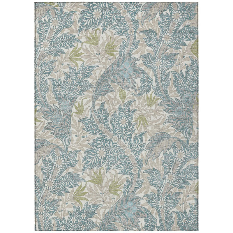 9' X 12' Teal Blue And Pewter Botanical Leaves Washable Indoor Outdoor Area Rug Homeroots Outdoor