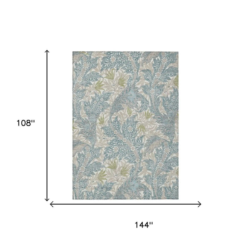 9' X 12' Teal Blue And Pewter Botanical Leaves Washable Indoor Outdoor Area Rug Homeroots Outdoor