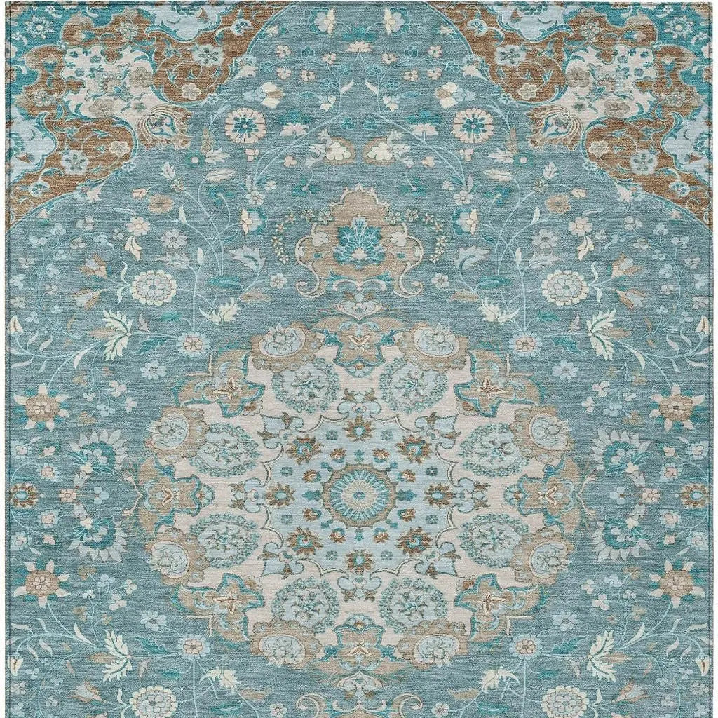 9' X 12' Teal Blue And Pewter Damask Washable Indoor Outdoor Area Rug Homeroots Outdoor