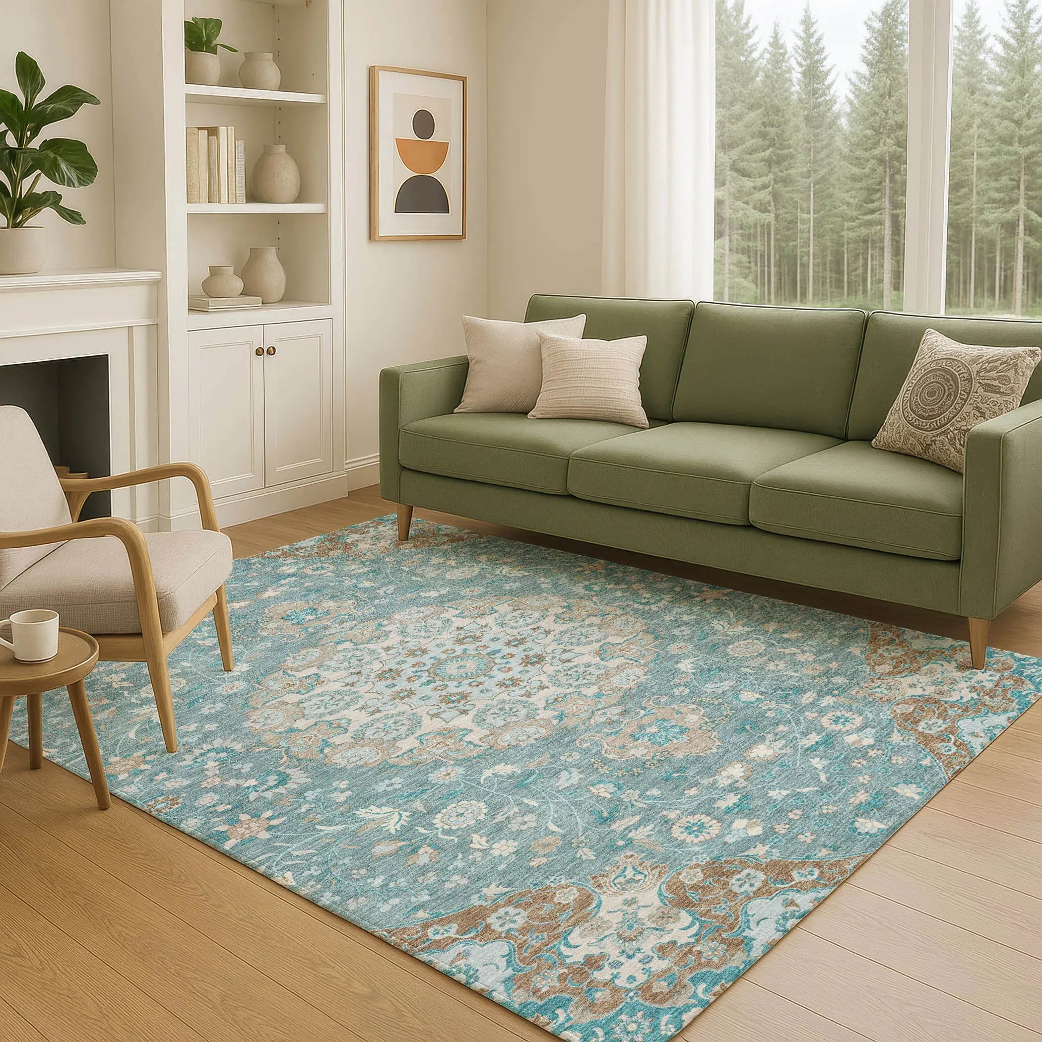 9' X 12' Teal Blue And Pewter Damask Washable Indoor Outdoor Area Rug Homeroots Outdoor