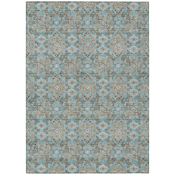 9' X 12' Teal Blue And Pewter Damask Washable Indoor Outdoor Area Rug Homeroots Outdoor