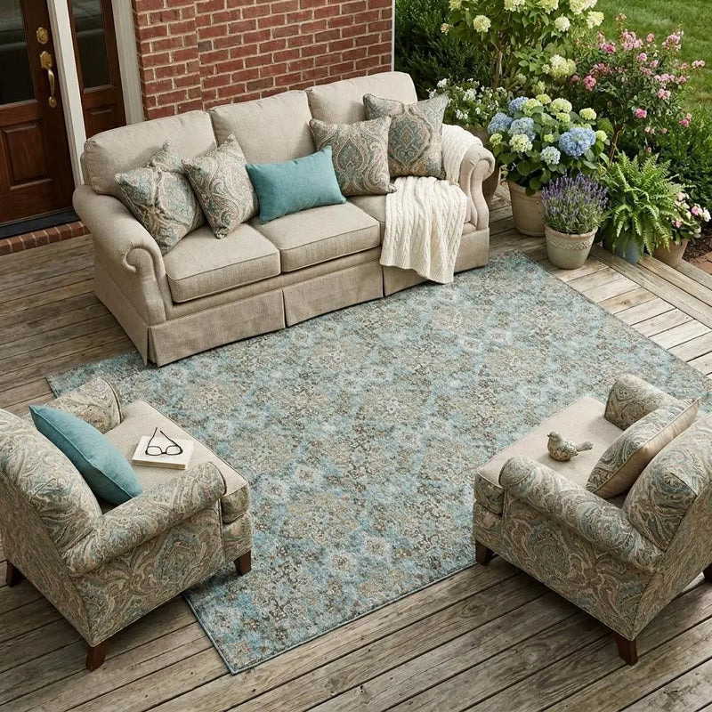 9' X 12' Teal Blue And Pewter Damask Washable Indoor Outdoor Area Rug Homeroots Outdoor