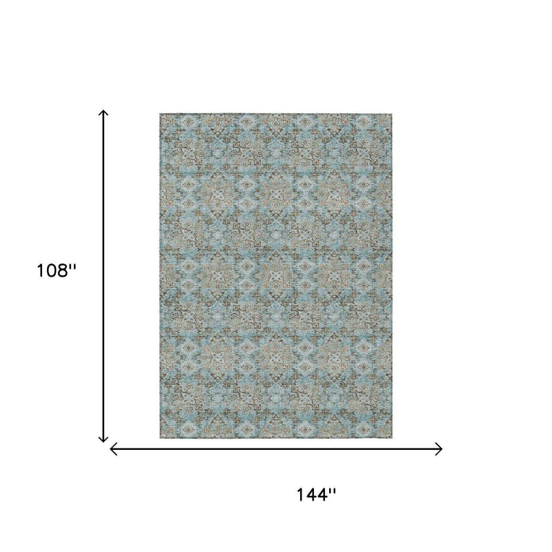 9' X 12' Teal Blue And Pewter Damask Washable Indoor Outdoor Area Rug Homeroots Outdoor