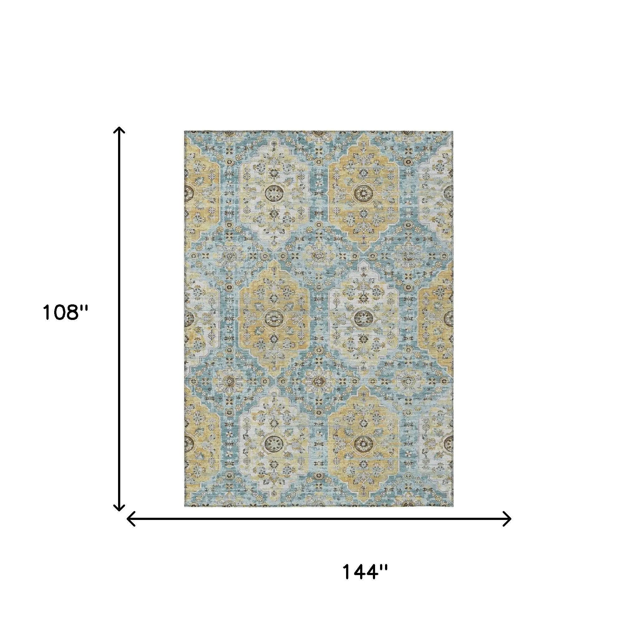 9' X 12' Teal Blue And Pewter Damask Washable Indoor Outdoor Area Rug Homeroots Outdoor