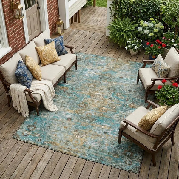 9' X 12' Teal Blue And Pewter Floral Medallion Washable Indoor Outdoor Area Rug Homeroots Outdoor