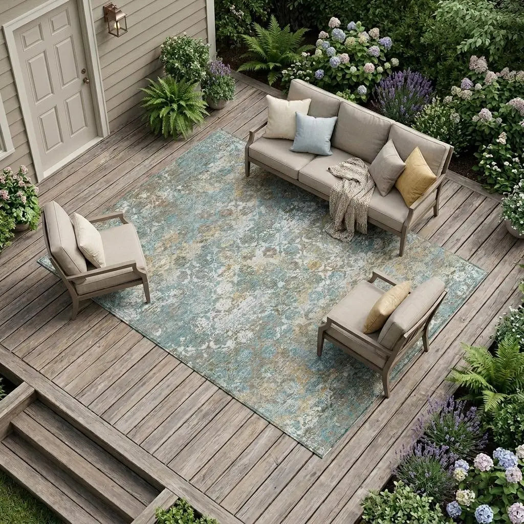 9' X 12' Teal Blue And Pewter Floral Medallion Washable Indoor Outdoor Area Rug Homeroots Outdoor