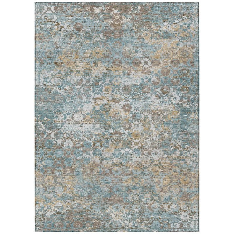 9' X 12' Teal Blue And Pewter Floral Medallion Washable Indoor Outdoor Area Rug Homeroots Outdoor
