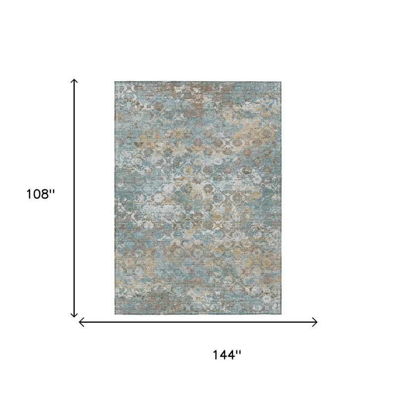 9' X 12' Teal Blue And Pewter Floral Medallion Washable Indoor Outdoor Area Rug Homeroots Outdoor