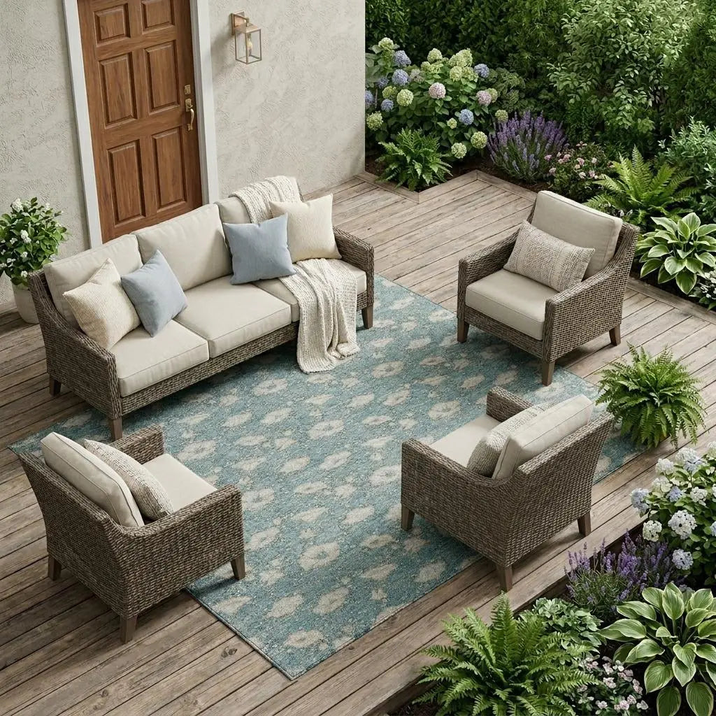 9' X 12' Teal Blue And Pewter Floral Washable Indoor Outdoor Area Rug Homeroots Outdoor